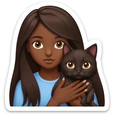 a girl with dark really long brown hair with brown eyes and holding a tiny cat that is black? sticker