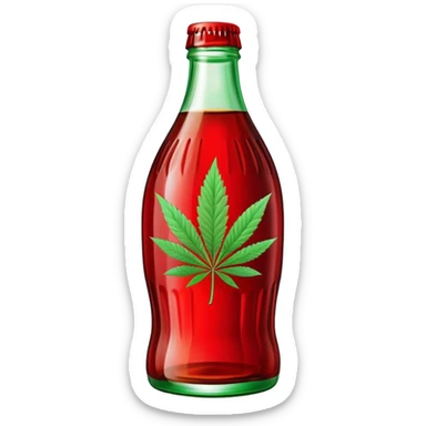 Classic Coca-Cola shaped glass bottle with curved contours, red color, with a cannabis leaf sticker