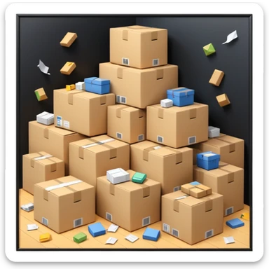 Generate a realistic emoji-style of a overfilled storage room where the packages are falling over sticker