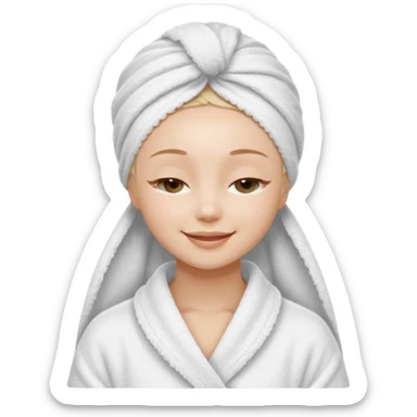 cute girl with her eyes closed and smiling, wearing a white spa towel as her clothes in she has a white spa towel on her head, white face skincare mask whole face sticker