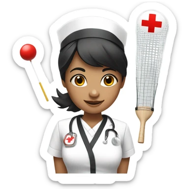 short black hair female nurse with red cross sign hat playing badminton sticker