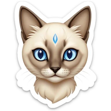 Cinematic Noble Siamese Cat Portrait Emoji, Poised and regal, with sleek cream-colored fur and striking dark points on the ears, face, paws, and tail, piercing sapphire-blue eyes, Simplified yet sharp and sophisticated features, highly detailed, glowing with a soft, dignified glow, high shine, intelligent and graceful, stylized with an air of elegance, focused and attentive, soft glowing outline, capturing the essence of a watchful and refined feline, so majestic it feels as though it could glide across the screen with effortless confidence! sticker