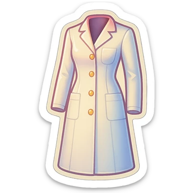 female medical coat full length, fitted silhouette, retro stickers style, soft rounded shapes, clean contours, pastel palette, shadows and highlights, modern illustration, transparent background sticker