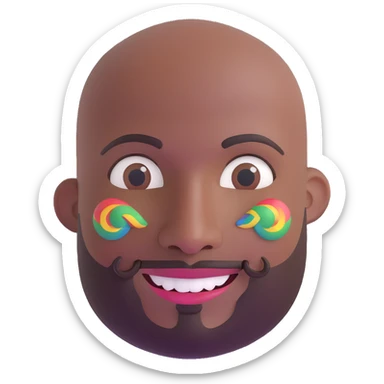 Oxumarê as a smiling 37-year-old bald man with very dark skin (2 shades darker), smooth oval head, indigenous facial features, mustache with circular beard only on chin (no hair on sides), a round mole on the right side below the lip, and a rainbow serpent wrapped around him, Memoji style sticker