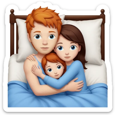 Ginger boy hugging girl with very dark brown hair. Both have blue eyes. They are in bed.  sticker