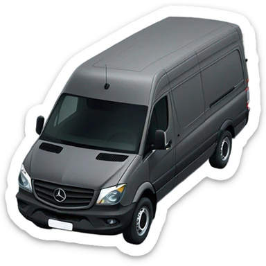 Diagonal view Dark grey Mercedes sprinter van with two round circle headlights that are yellow  sticker