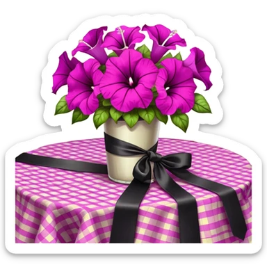 A lush bouquet of bright light margenta color petunia black satin ribbon, resting on an antique wooden table, with a pale yellow and pink plaid pattern table cloth sticker