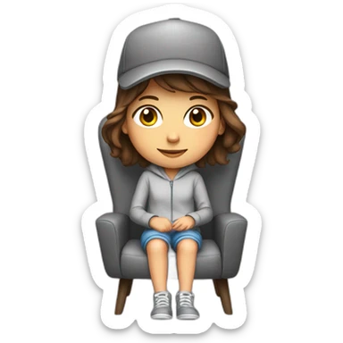 girl with brown hair sitting on a gaming chair, wearing a hat and grey onesie sticker