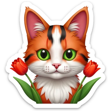 tricolor fluffy cat with big green eyes holding red tulips in her arms sticker