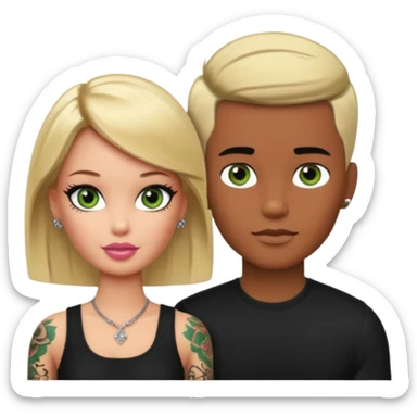 Brown skin blonde hair brown eyed barbie with her pale boyfriend with black short hair and green eyes with tattoos sticker