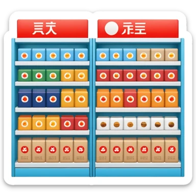 "Minimalist Japanese shelf display, identical products placed directly behind one another (same items stocked in depth), different product types arranged side by side, clean spacing, precise symmetry, soft neutral lighting, front-facing packages, ultra-detailed." sticker