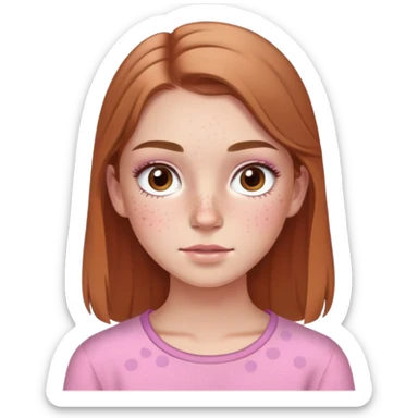 Young girl with freckles on her face, light brown eyes, long eyelashes, marked eyebrows, light brown hair, pink clothes sticker