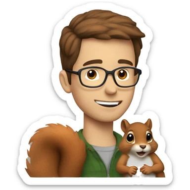 A man with brown hair, glasses and fair skin, feeds a squirrel sticker