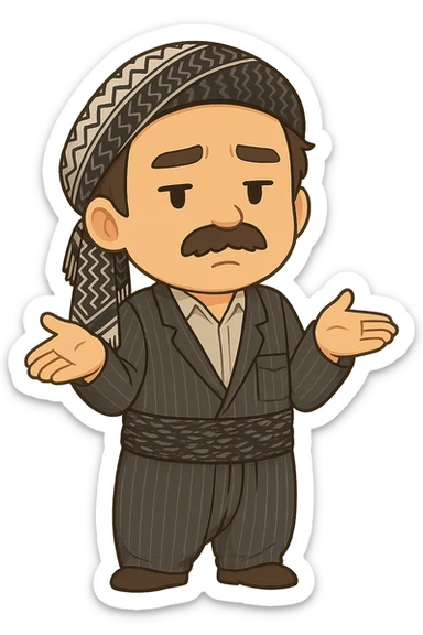 Create a colorful and cheerful cartoon sticker of a Kurdish man wearing the exact same clothes and scarf as the reference image, with no changes to the outfit or scarf. The face should have an indifferent or 'I don't know' expression. Both hands are open and shoulders are exaggeratedly raised. The image should have no shadows or color halos around it, no text, and a completely transparent background. Suitable for WhatsApp and Instagram. sticker