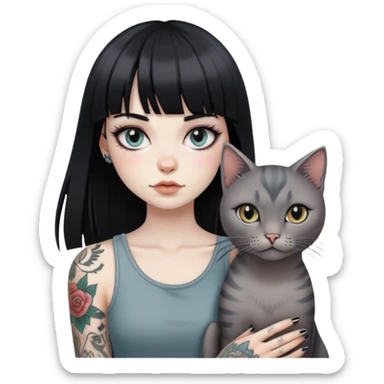 girl with long black  straight bangs hair and tattoos and a grey-shared cat sticker