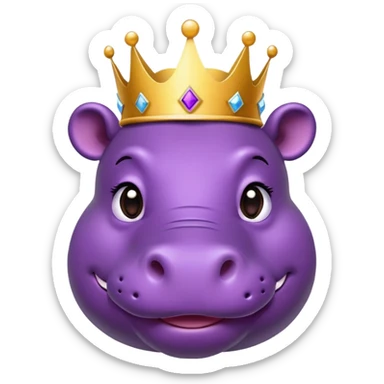 A purple hippo head with a crown and nice smile, head tilted & a wink sticker