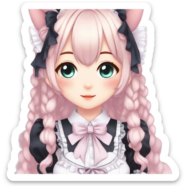 Gorgeous anime style catgirl with blushing face with maid outfit laces gothic Lolita idol model kawaiicore pastelcore cottagecore pearly petite simplistic aesthetic trending style sticker