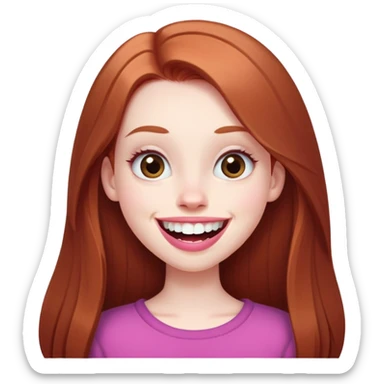 Young girl with pale skin, longer face, full pink lips smiling with big teeth, very long straight auburn hair (lighter ginger, not bright red), big brown eyes, extra large nose, big mouth, slightly asymmetrical features, less conventionally pretty sticker