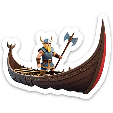 clash-of-clans-aesthetic_-cinematic-viking-longboat, rendered in a flat, bold vector style with minimal shading, featuring a striking dragon-headed prow slicing through icy, churning waters. shields on the side and vikings rowing The longboat’s intricately detailed shields and carved motifs evoke a sense of epic adventure and Nordic might, with billowing sails catching a dramatic, stormy sky backdrop. sticker