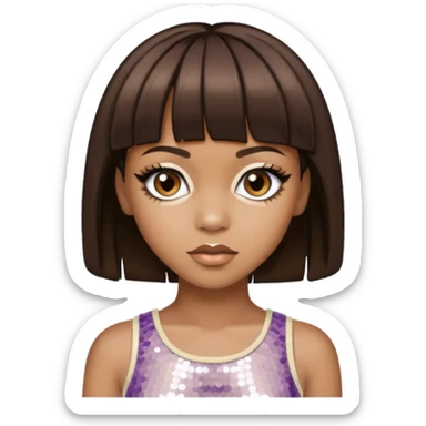 Left Eye from TLC with medium dark brown hair, ivory sequin outfit sticker