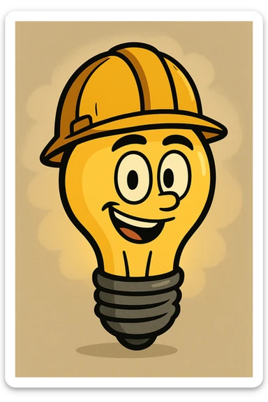 cartoon style lit light bulb with electrician helmet sticker