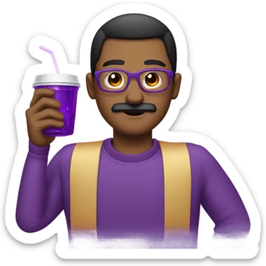 A man w black combover and a square moustache holding a double cup with purple sprite inside the cup sticker