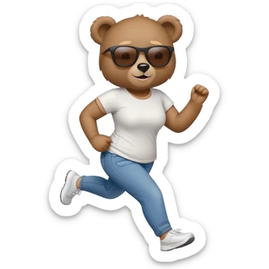 friendly anthropomorphised female bear in jeans and a t-shirt, wearing dark sunglasses, jogging upright in standard pose sticker