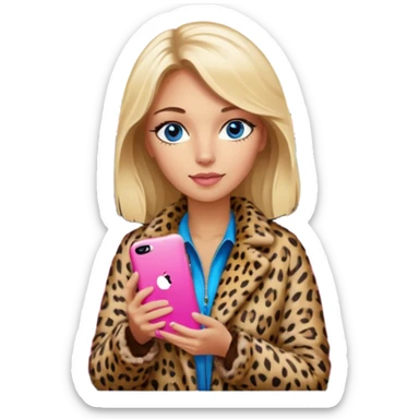 a blondie queen Arina in a leopard fur and pink iPhone on her kia Sportage white car. blue eyes sticker
