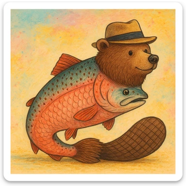 A bear with a salmon body and a beaver tail, wearing a hat sticker