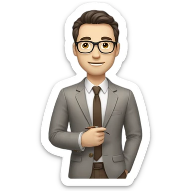 Pale skinned fit man with dark brown hair in gray jacket, beige office shirt, brown tie, brown pants and vintage glasses Writing text on a marker board sticker
