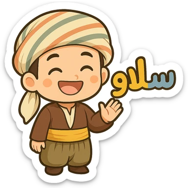 Remove the Kurdish text 'سڵاو' so only the colorful and cheerful chibi Kurdish character in traditional clothing remains. The image should have a transparent background, suitable for WhatsApp and Instagram. sticker