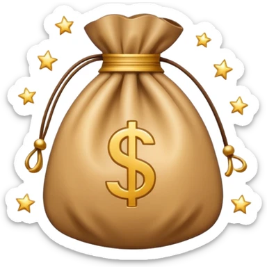 Minimal line-art icon of a money bag with sparkles around it, clean modern style, simple outlines, slight 3D, no background, transparent, represents clean and ethical income. sticker