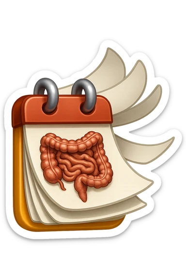 emoji stile iphone di un calendario con fogli che volano insieme, sui fogli ci sono disegnati degli intestini anatomici, iperrealistico 4k, isolato su sfondo bianco sticker