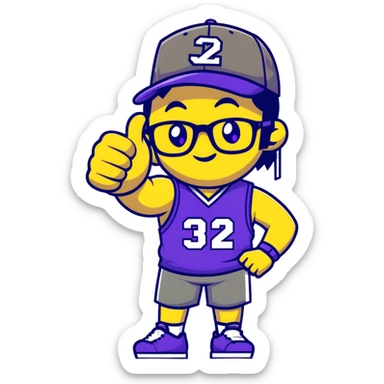 Man with black and white cap, purple sports jersey with number 32, glasses, mullet hairstyle, thumbs up gesture sticker