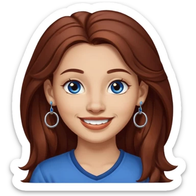 Create a custom emoji-style character inspired by a smiling woman with long dark reddish-brown hair, light skin tone, dark blue eyes, a nose piercing on each nostril, and hoop earrings. sticker