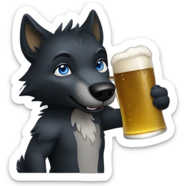 black wolf with blue eyes drinking a beer sticker