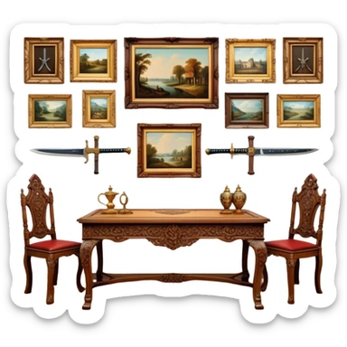 Icon for Antiques Collecting: vintage intricately carved furniture, famous paintings, antique swords, and rifles. The items are displayed on a wooden table or shelf. The icon should evoke the rich history and craftsmanship of antique collecting. Transparent background. sticker