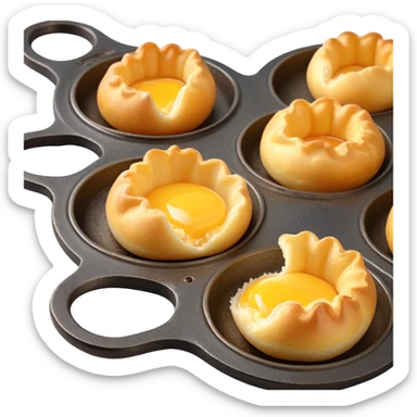 3D rendered authentic Hong Kong egg puffs (港式鸡蛋仔) being made in traditional iron mold, half-open showing bubble formation, golden batter, hyper-realistic texture sticker
