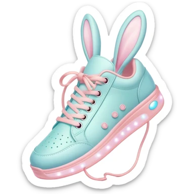 Cute Kawaii Shoe, small and bouncy, soft pastel sneakers with glowing highlights, cute sparkling eyes, a happy cheerful expression, laces tied like bunny ears! sticker