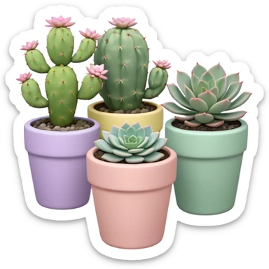 A pastel pink ceramic pot with a sedum succulent, a pastel green ceramic pot with a graptopetalum succulent, a pastel yellow ceramic pot with an echeveria succulent, and a pastel purple ceramic pot with a flowering cactus. All are cylindrical and placed separately on the floor. sticker