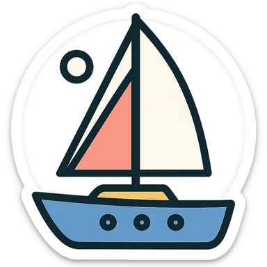 minimalist geometric sailboat illustration, classic sailing vessel with main sail and jib sail, soft colors white coral pink blue tones, blue hull with small circular portholes, circular pale lavender or light blue background, small white sun or moon in upper left, clean modern style, simple shapes, muted color palette, friendly and approachable, suitable for icon or logo sticker
