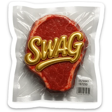 steak with gold script 'SWAG' written across, glossy and puffy, vacuum-sealed style sticker