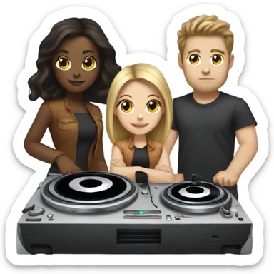 3 people: a white girl with dark hair, a brown girl, and a white guy behind DJ turntables together sticker