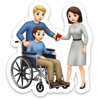Mujer con cuchillo en la mano, empujando un hombre en silla de ruedas sticker