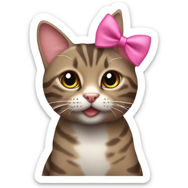 Brownish-gray tabby cat with pink bow sticker