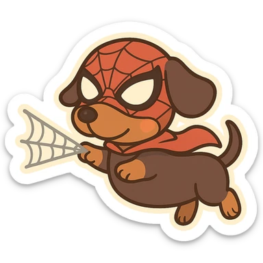 whimsical wiener with a superhero mask, firing a web, comic style sticker