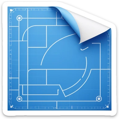 side view of a blue blueprint plan with white lines and a curled corner sticker
