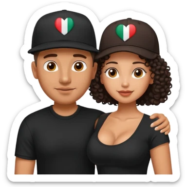 A picture of an embracing tanned couple. the man is a Mexican man with tanned skin, with a bald hair cut wearing a SnapBack hat and a black shirt. the woman has curly dark brown hair, no hat, and with big boobs   sticker