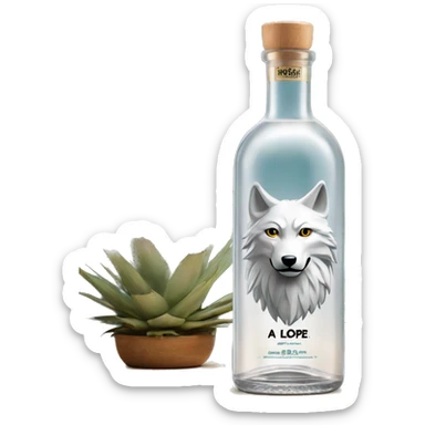 A tequila blanco classic transparent long cylindrical bottle with a wolf on top of the label, "Lopez" on the middle, and agave plants on the bottom. Only the cap is made of light wood. sticker