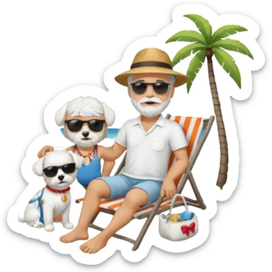 white man grey hair beard holding a white Maltese relaxing on a beach full body sticker